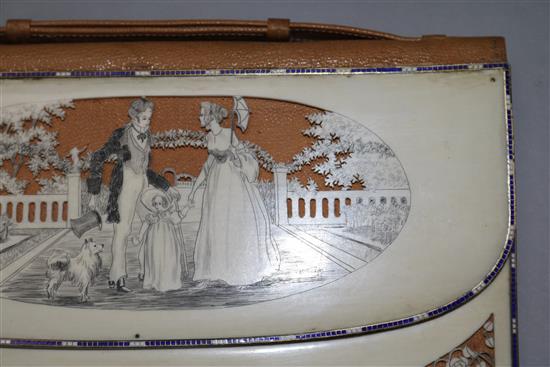 An Edwardian Regency style carved ivory and enamel purse